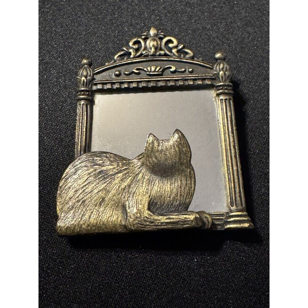 JJ Signed Jonette Kitty Cat Mirror Reflection Silver Color Pewter Brooch Pin